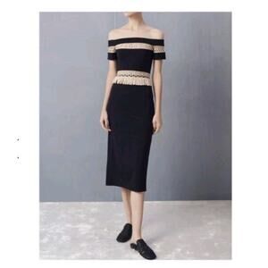 Alexis Bailey NWT Black Crochet trim Midi Dress Off Shoulder Fringe, Size Medium